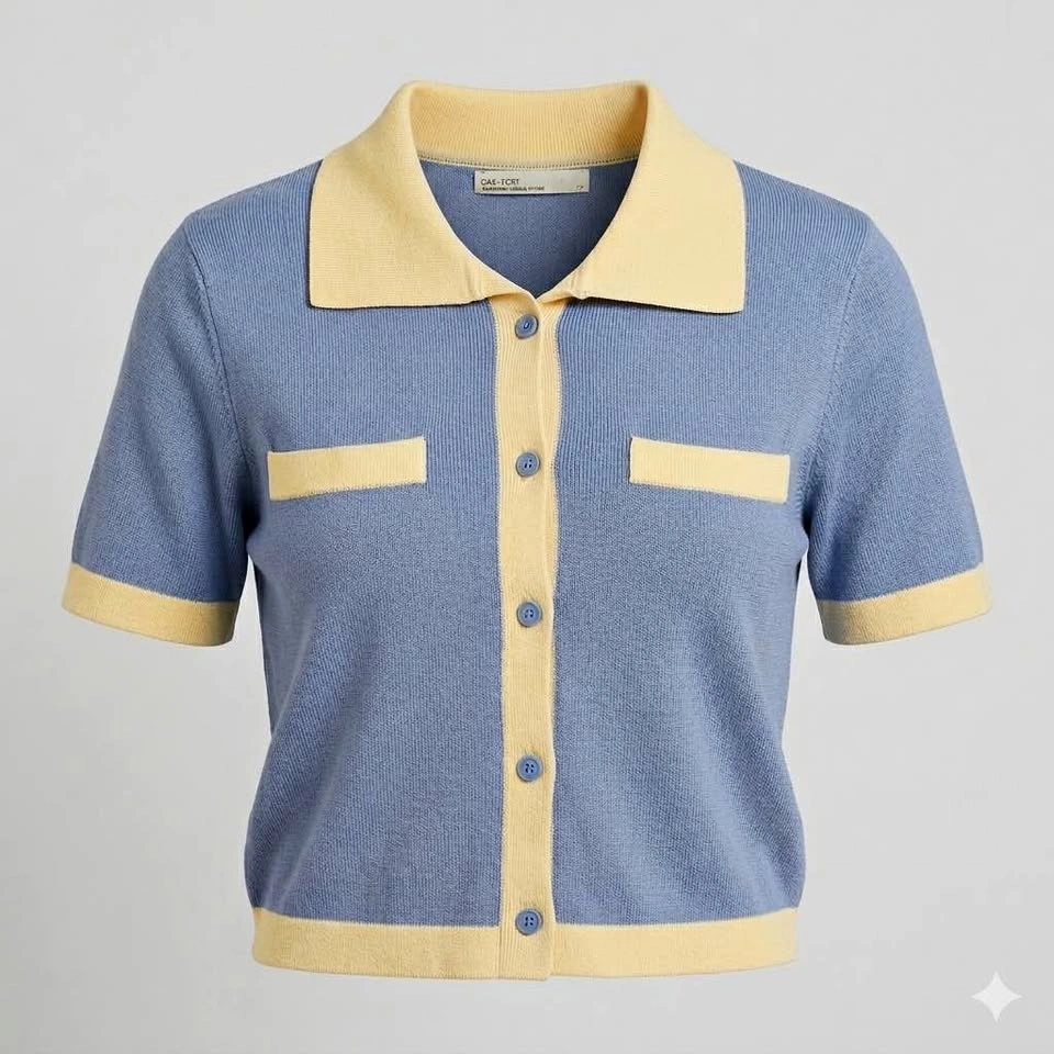 OAK + FORT Pastel Blue/Yellow Cropped Knit Polo Top S
