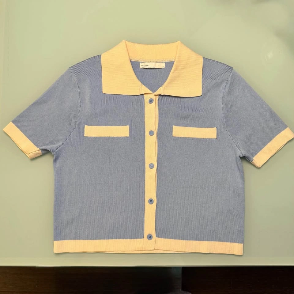 OAK + FORT Pastel Blue/Yellow Cropped Knit Polo Top S - photo 4