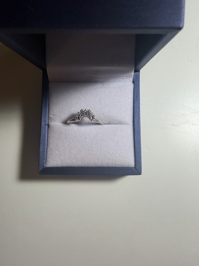 Pandora Silver Crescent Moon Ring w/ Blue Accents, Size 9