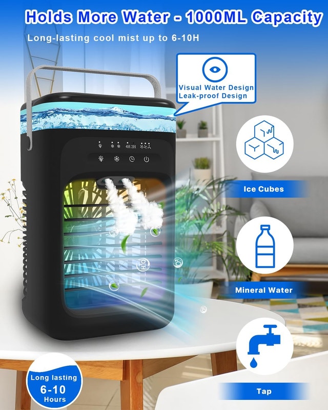 Portable Air Cooler Fan 1000ml AC 3 speeds timer 7 Clr LED Quiet - photo 4