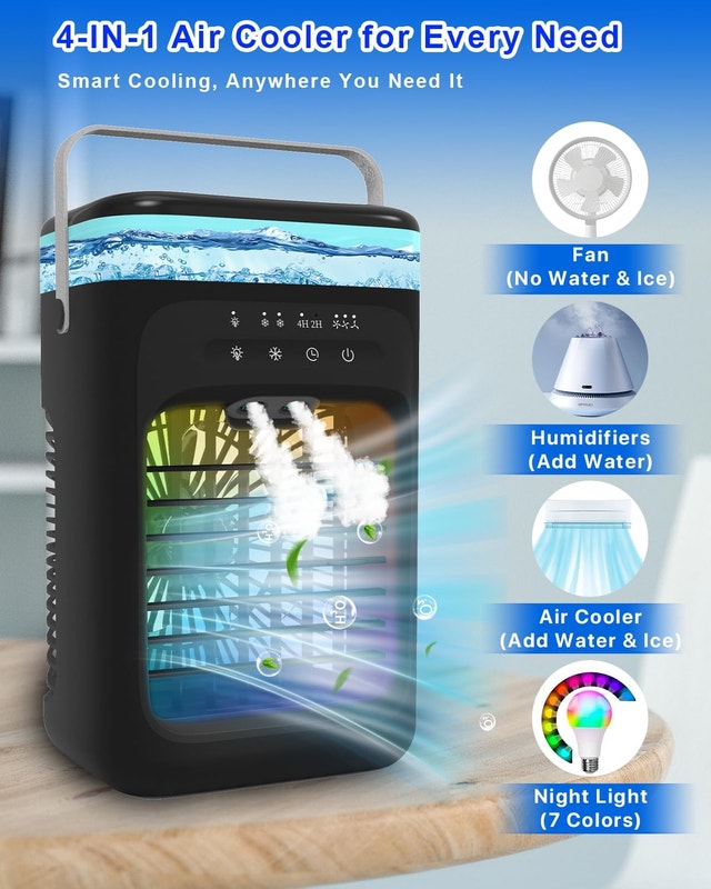 Portable Air Cooler Fan 1000ml AC 3 speeds timer 7 Clr LED Quiet - photo 5