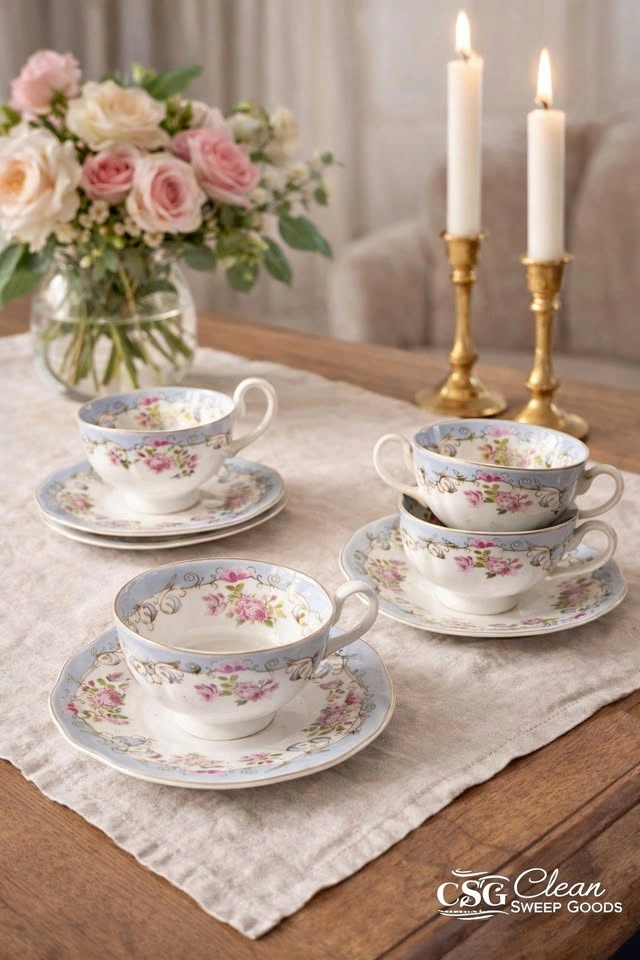 Vintage Style Floral Tea Cup & Saucer Set – 4 Cups (Gift Box Inc