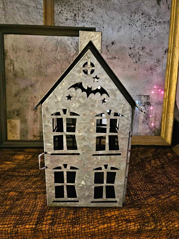 Halloween Haunted House Galvanized Lantern