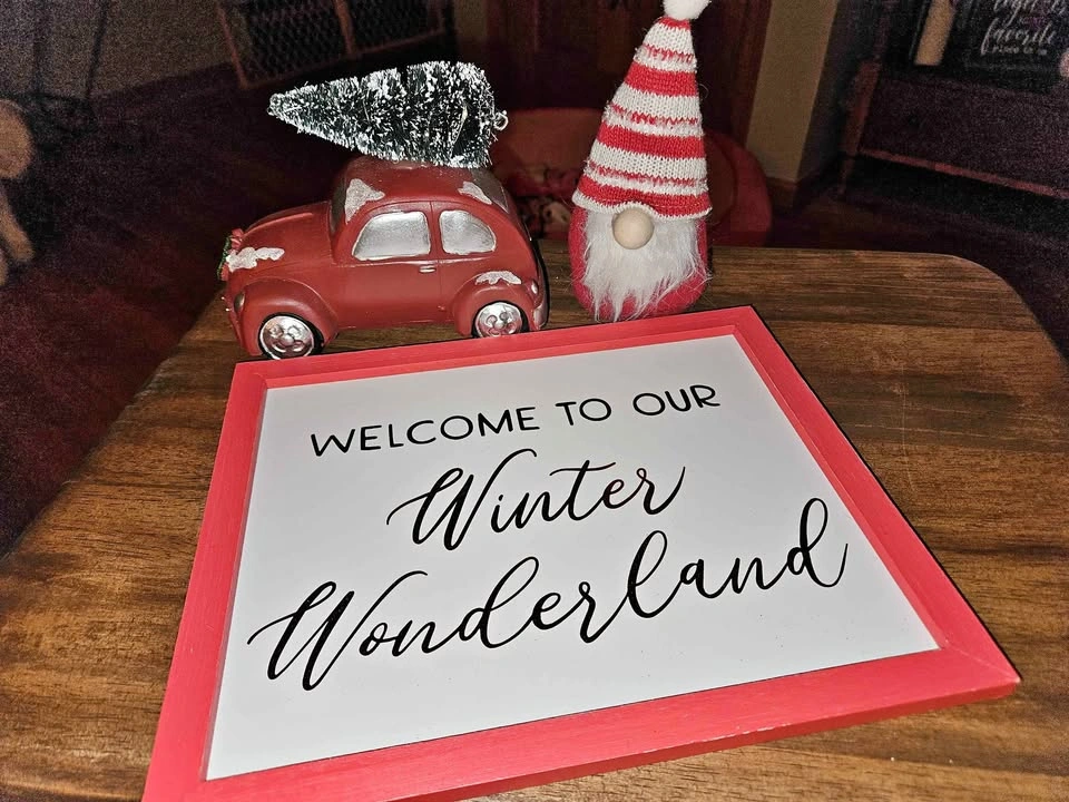 Christmas Decor Sign Gnome and Red Car