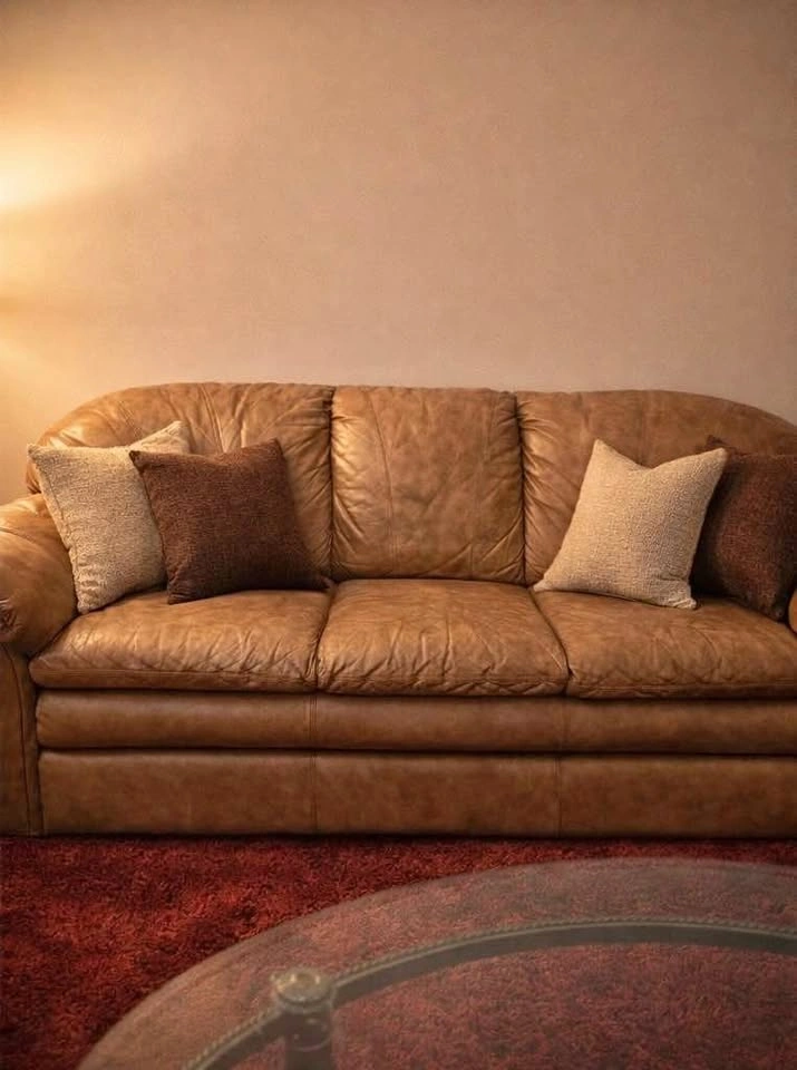Beautiful Cozy Leather Couch – Super Comfy, Warm Tone – Great Co