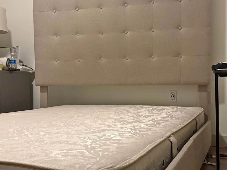 Queen Upholstered Bed Frame (Modern Beige) – Great Condition