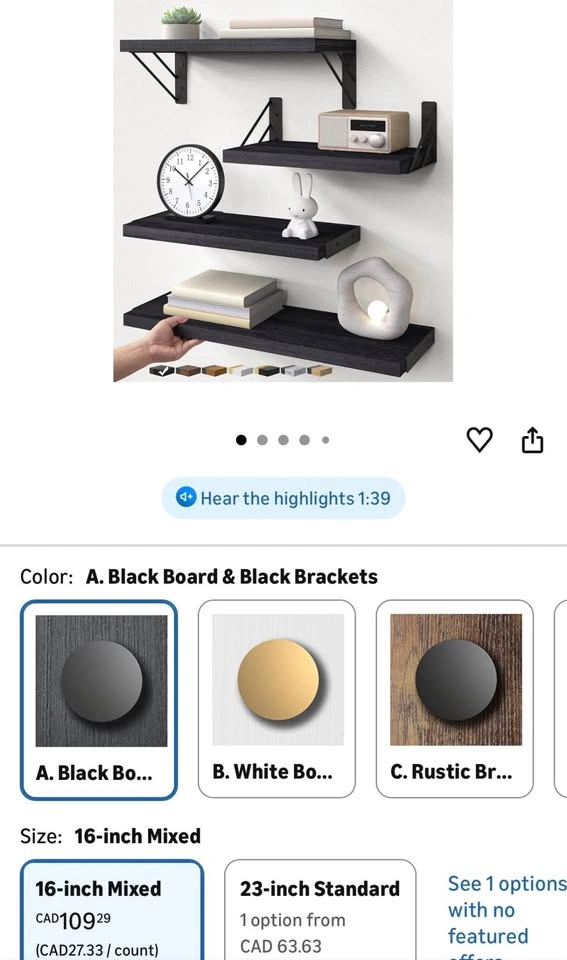 Floating Wall Shelves - Black - Set of 4 - New - photo 4