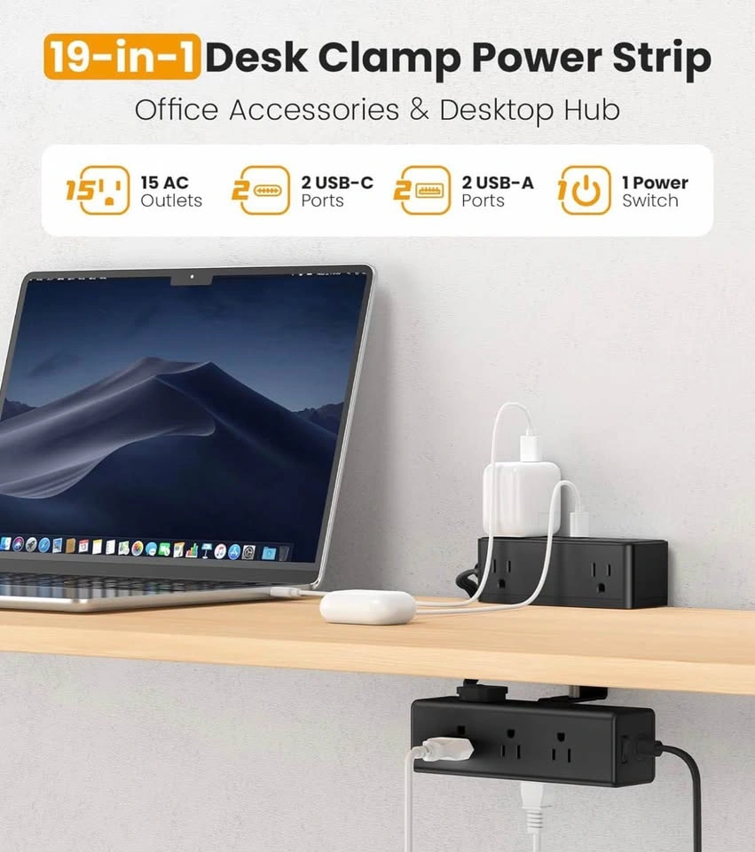 Desk Clamp Power Bar - 15 Outlets + USB-C - 10FT Cord - New - photo 3