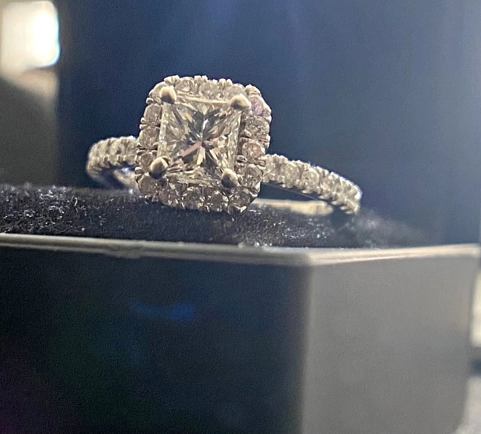 GIA Certified Square Diamond Ring - 14K White Gold Halo