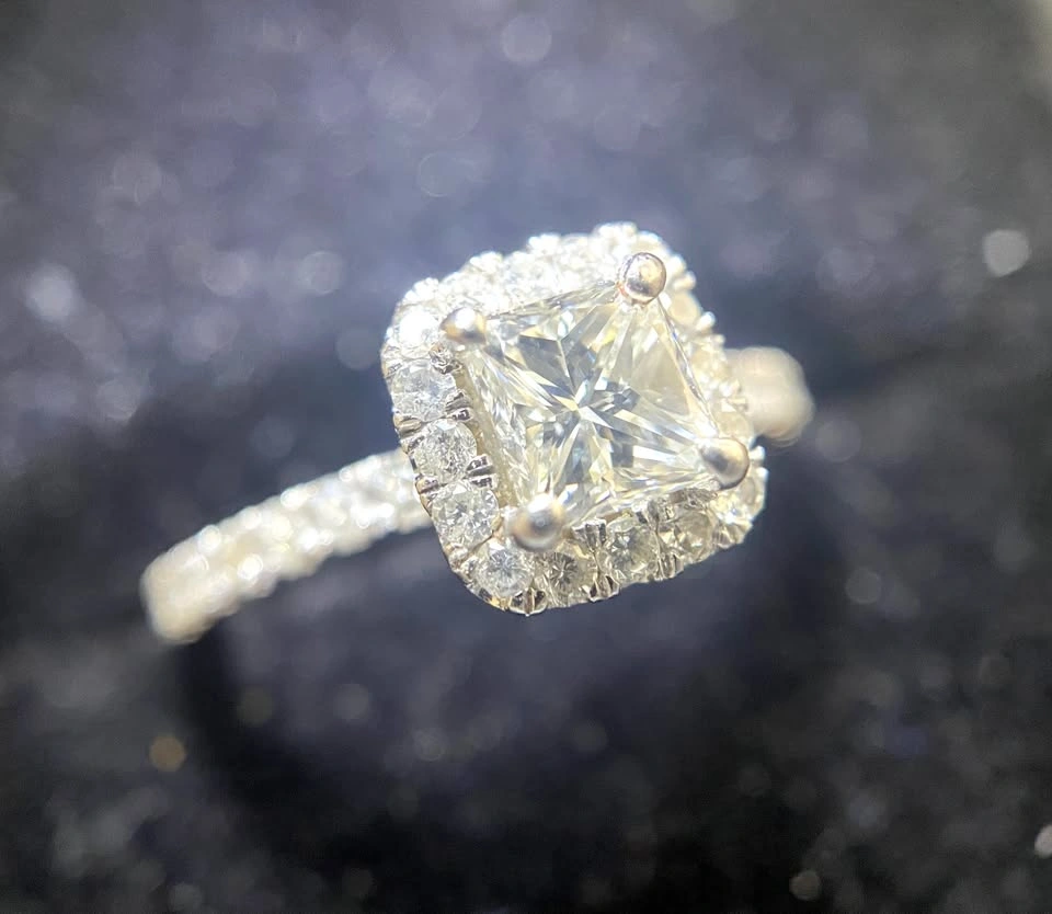 GIA Certified Square Diamond Ring - 14K White Gold Halo - photo 3
