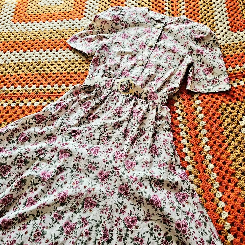80s Floral Pink Green Cotton Midi Tea Dress With Matching Belt H