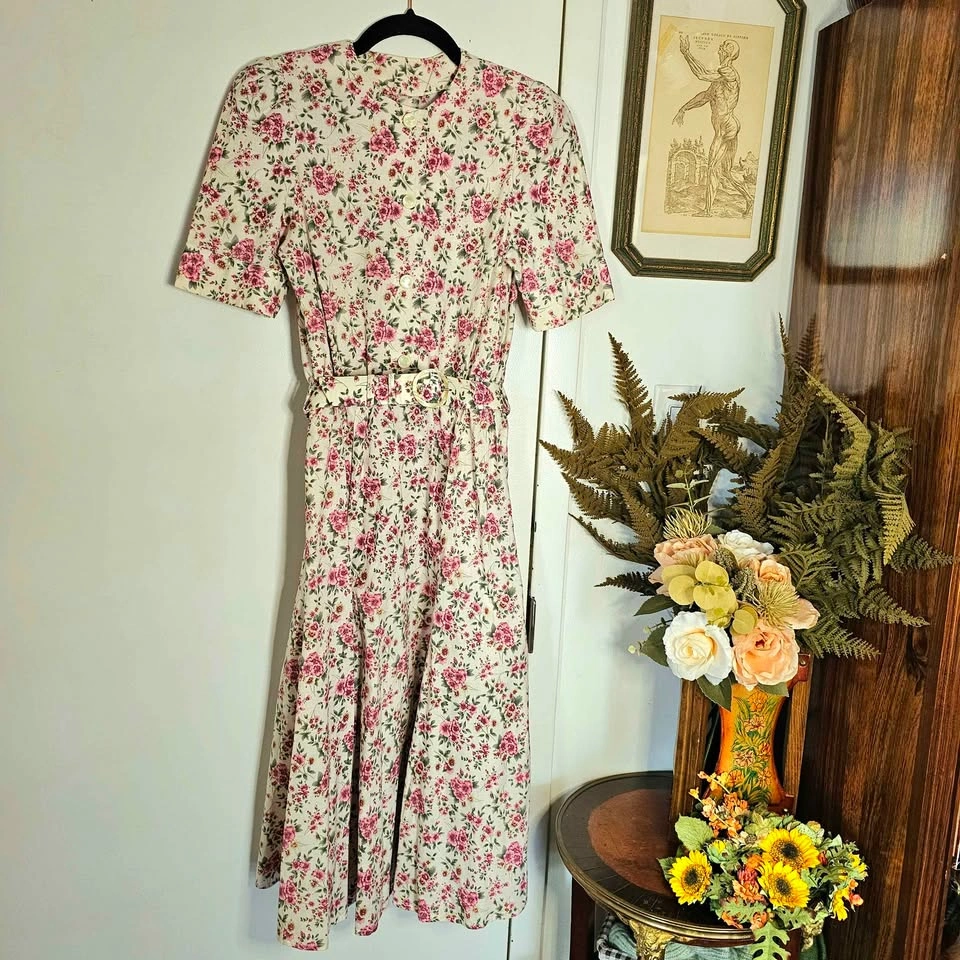 80s Floral Pink Green Cotton Midi Tea Dress With Matching Belt H - photo 2