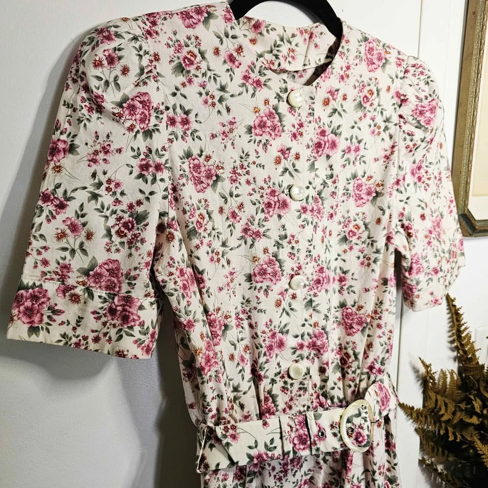 80s Floral Pink Green Cotton Midi Tea Dress With Matching Belt H - photo 3