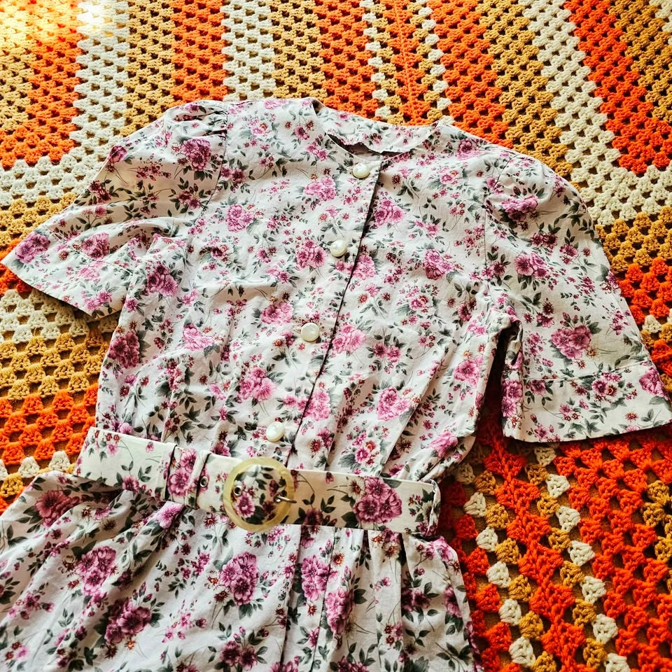 80s Floral Pink Green Cotton Midi Tea Dress With Matching Belt H - photo 4