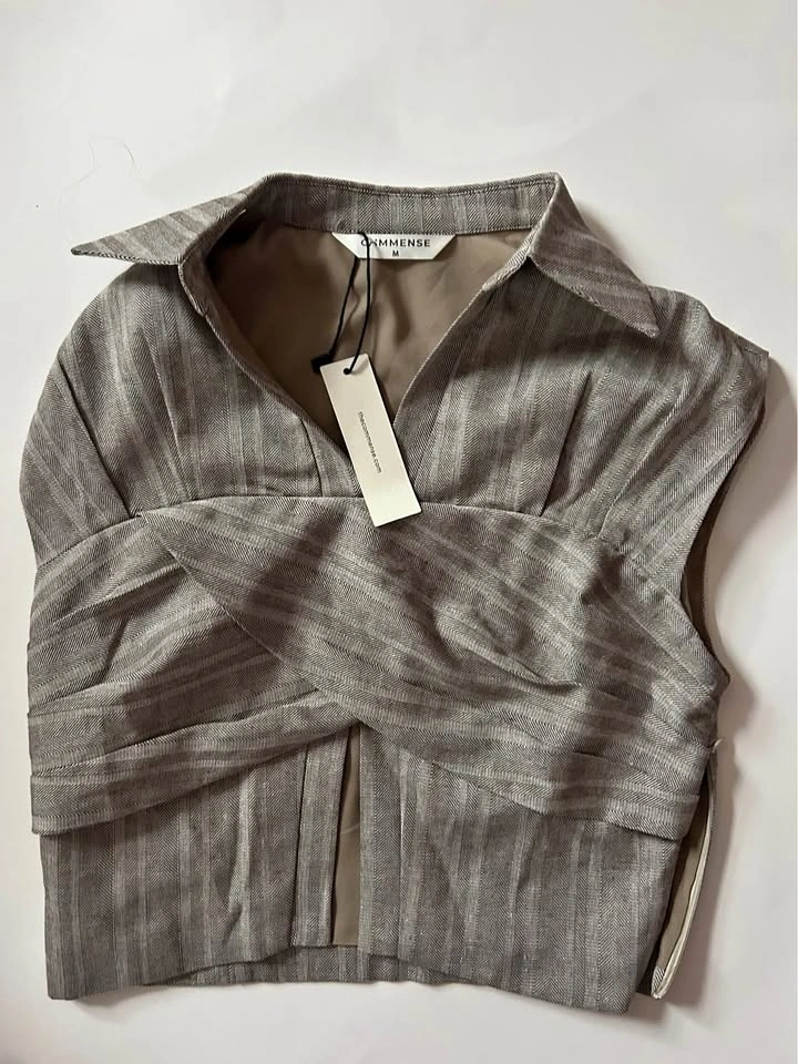 BNWT Commense Cropped Short Sleeve Top – Brown Pinstripe, Size M