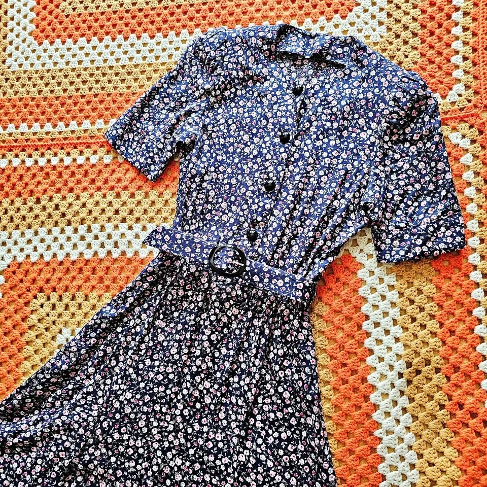 80s Ditsy Floral Midi Tea Dress With Matching Belt Navy Pink