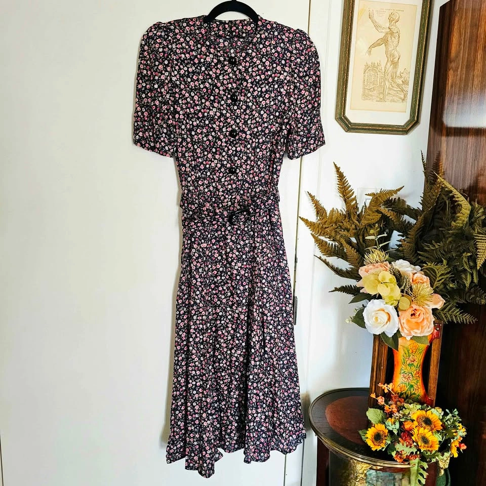 80s Ditsy Floral Midi Tea Dress With Matching Belt Navy Pink - photo 2