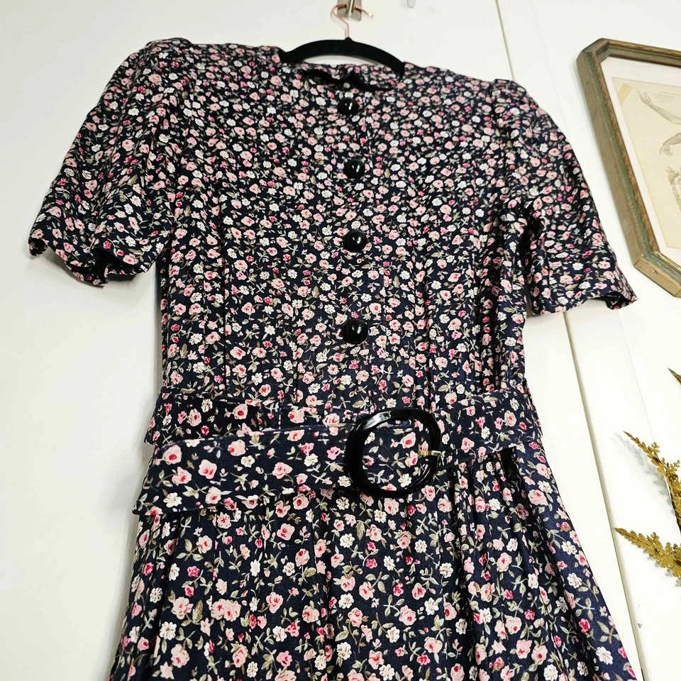 80s Ditsy Floral Midi Tea Dress With Matching Belt Navy Pink - photo 3