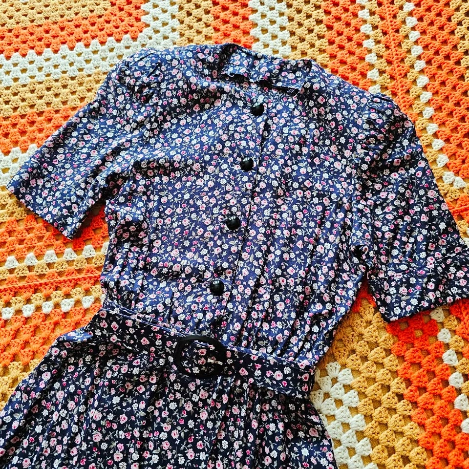80s Ditsy Floral Midi Tea Dress With Matching Belt Navy Pink - photo 4