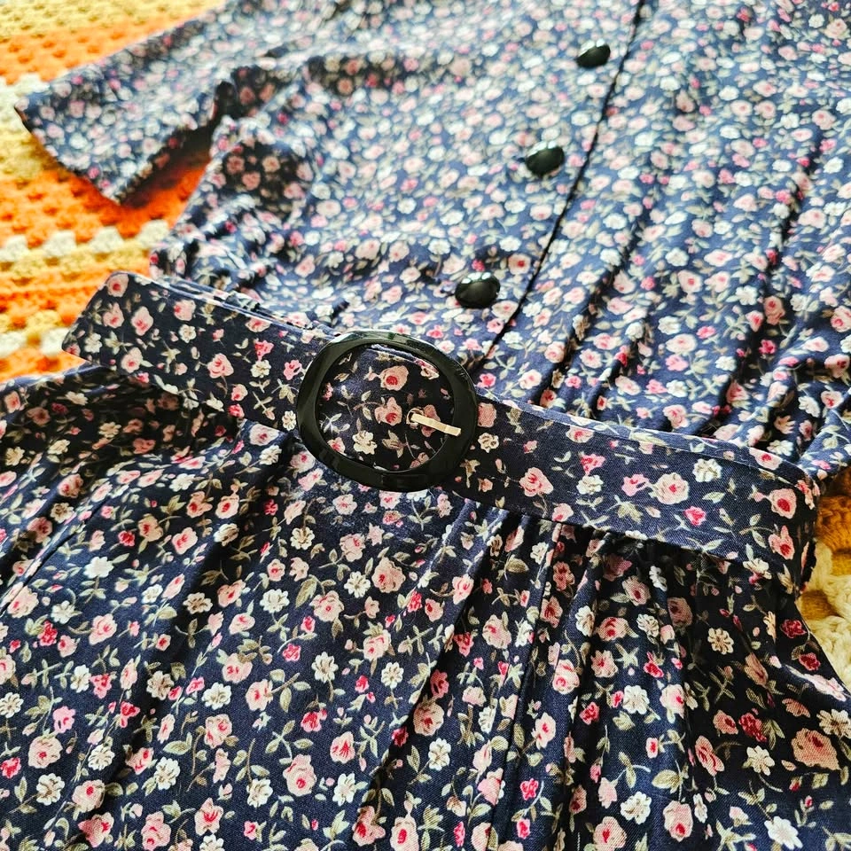 80s Ditsy Floral Midi Tea Dress With Matching Belt Navy Pink - photo 5