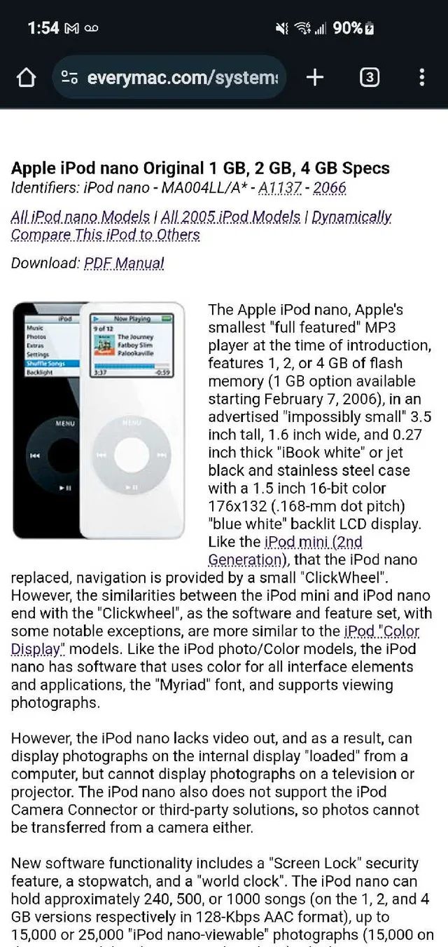 Apple iPod nano Original 2 GB, Specs