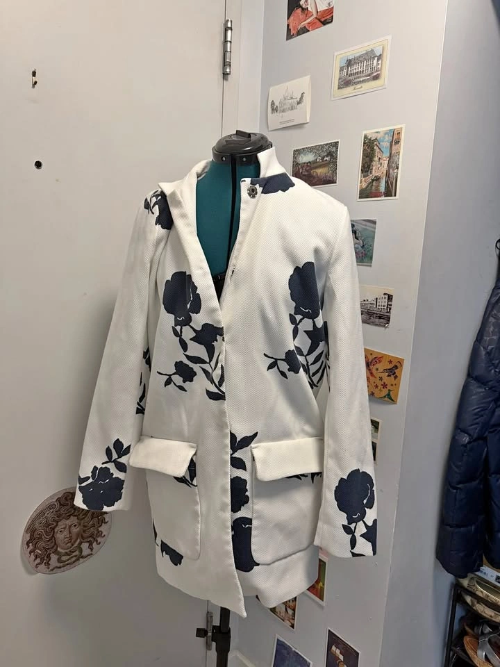 b.young Mid Length White Jacket with Blue Flowers