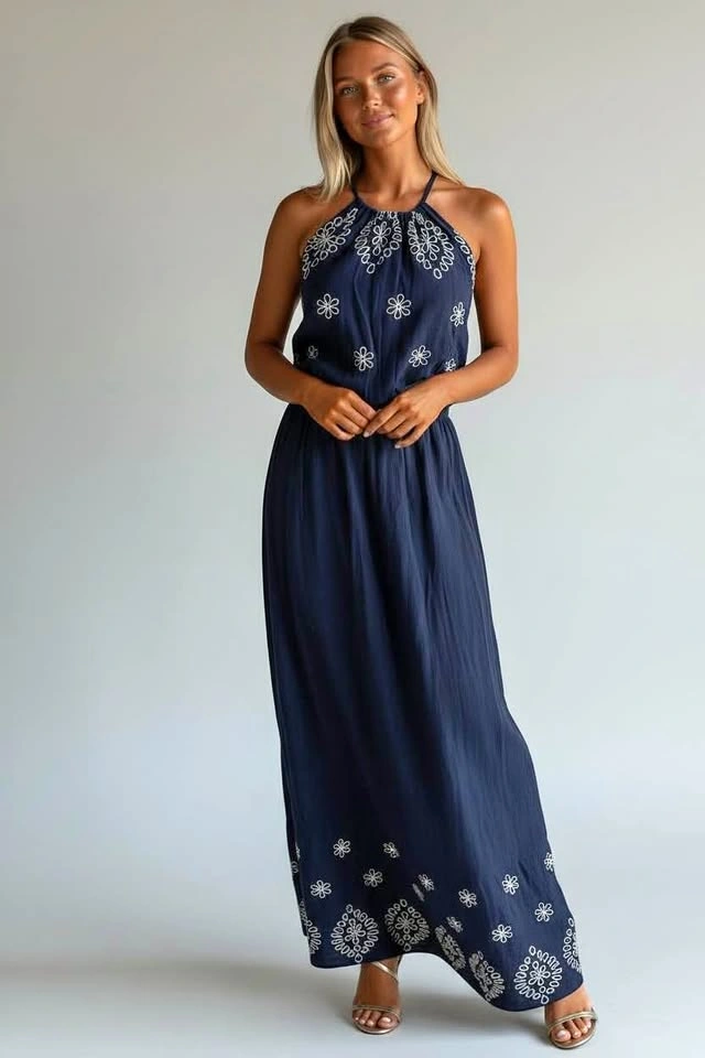 Old Navy Embroidered Navy Blue Small Halter Maxi Dress