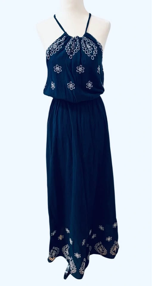 Old Navy Embroidered Navy Blue Small Halter Maxi Dress - photo 2