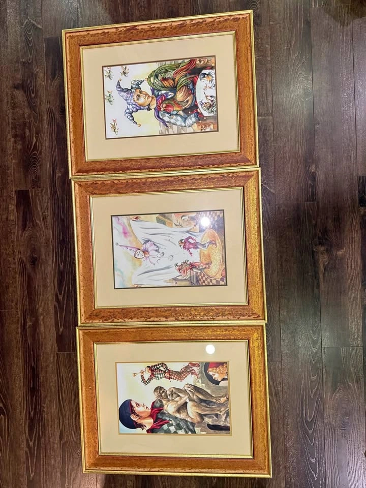 Set of 3 Large Framed Harlequin / Jester Art Prints – 28” × 22”