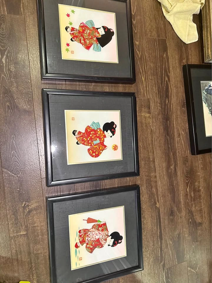 Set of 3 Japanese Kimono Girl Art Prints – Framed (17” × 16”)