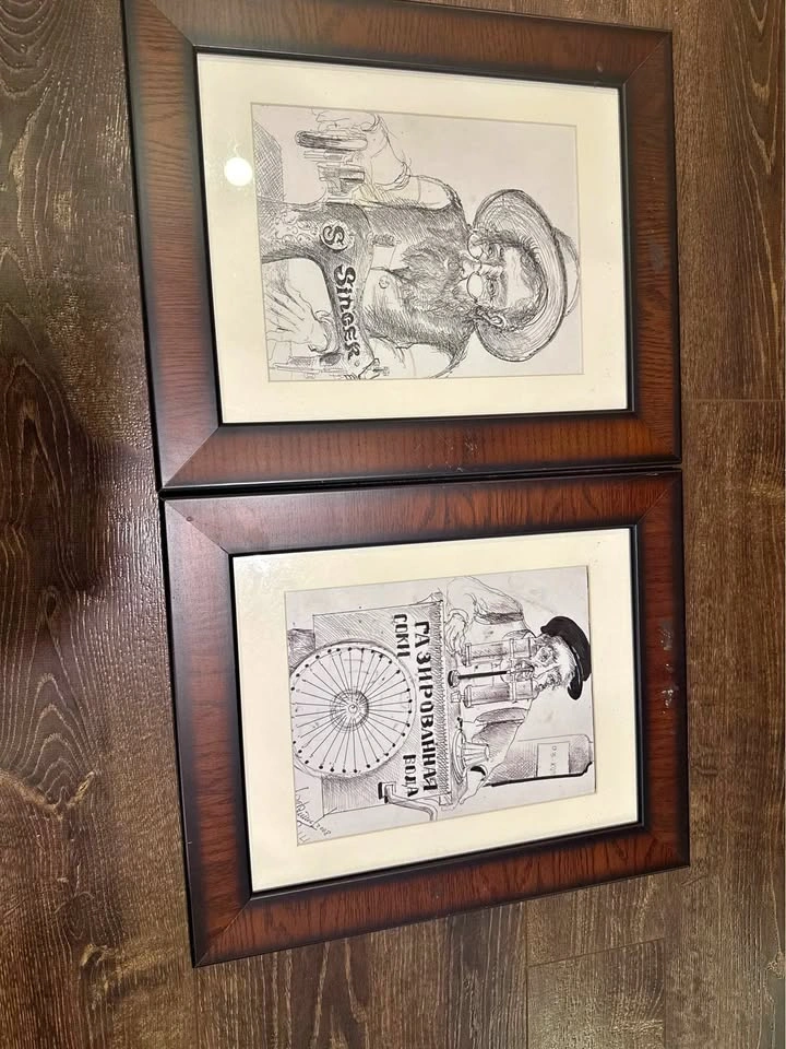 Vintage Jewish Art - Pair of Framed Shtetl Drawings