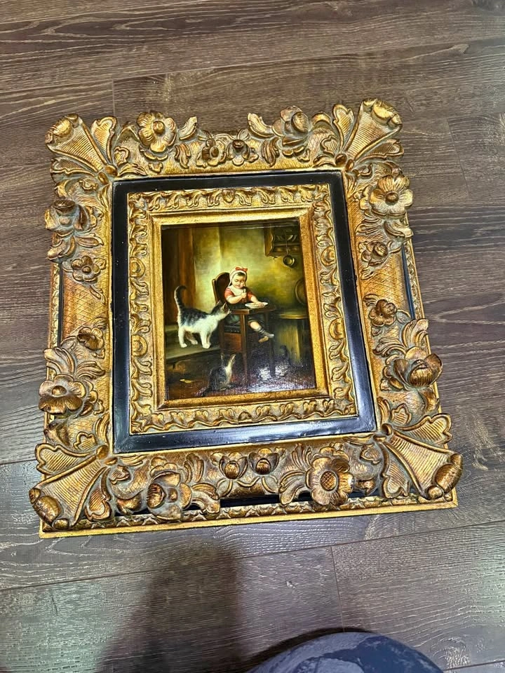 🐾 Vintage Oil Painting – Child & Cats – Ornate Gold Frame (10” ×