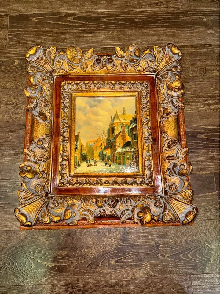 ❄️ Vintage Dutch Winter Townscape – Oil on Panel – Ornate Frame