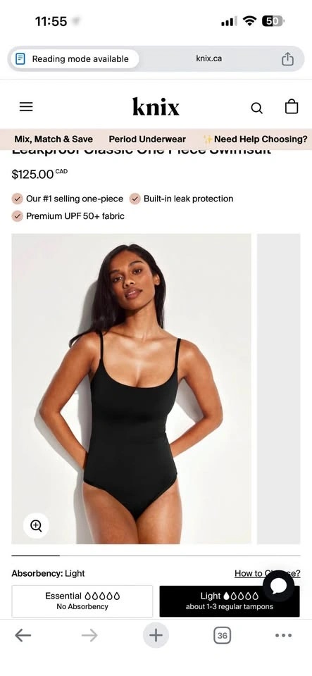 NEW Knix Leakproof Classic One Piece Swimsuit Black M+