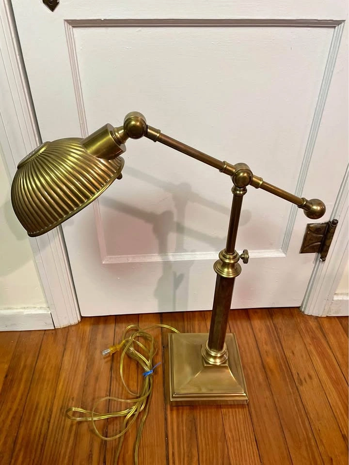 Vintage Polished Brass & Wood Art Deco Lamp
