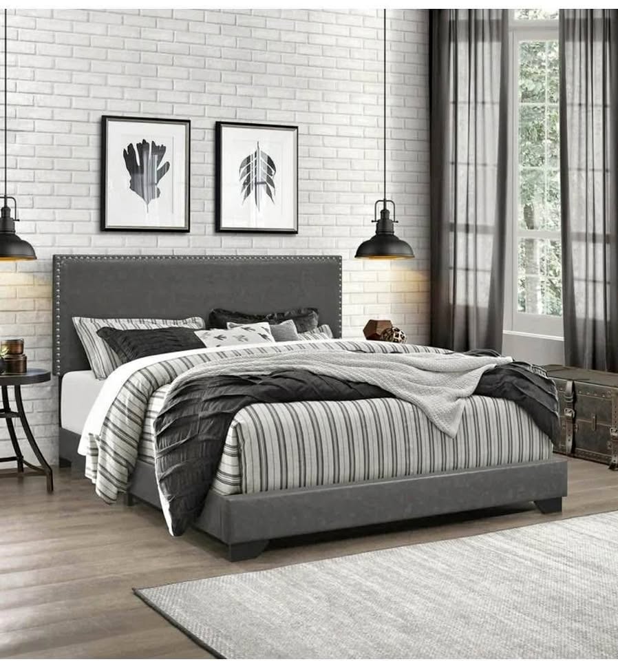 New Willow Queen Bed, Charcoal Faux Leather