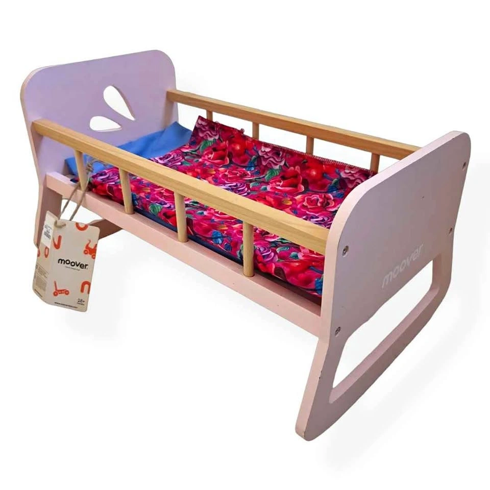 Moover Montessori Wooden Doll Cradle Crib Rocking Bed Pink + Bed