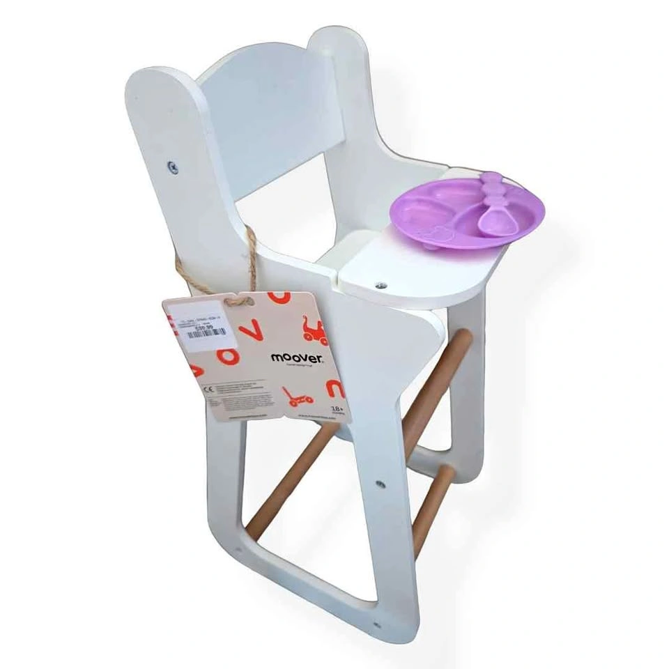 Moover Montessori Wooden Doll High Chair White + Feeding Set