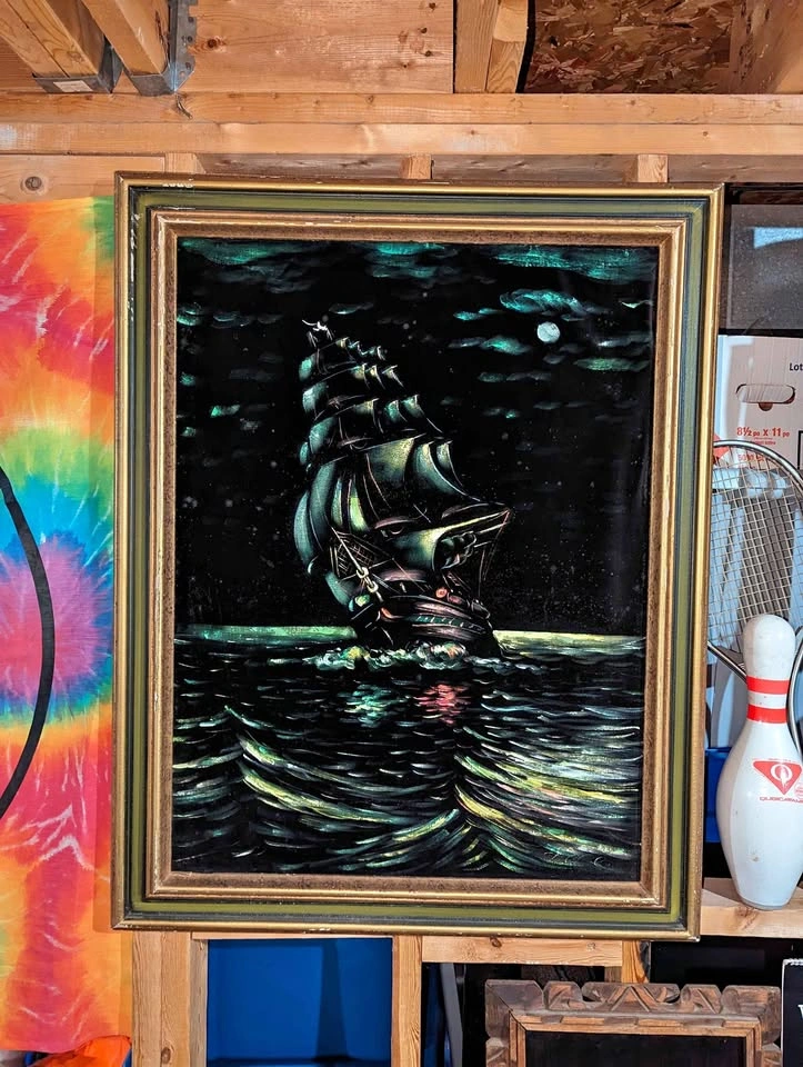 Vintage 60's Pirate Ship Velvet Framed Painting