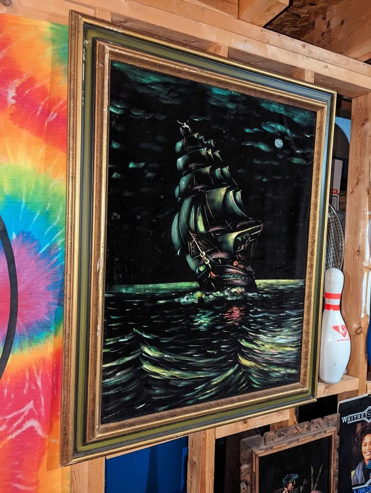 Vintage 60's Pirate Ship Velvet Framed Painting - photo 2