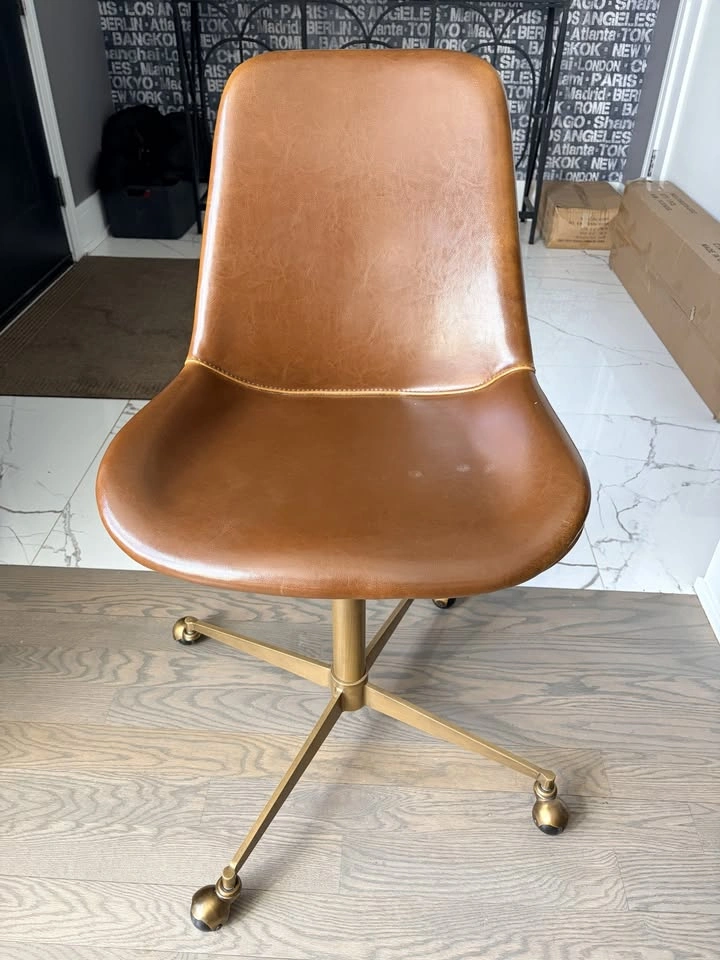 Mid-Century Office Chair - Cognac Leather, Gold Base, Swivel