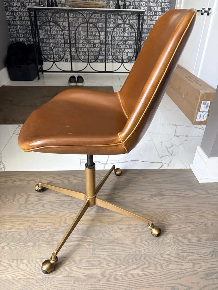 Mid-Century Office Chair - Cognac Leather, Gold Base, Swivel - photo 2