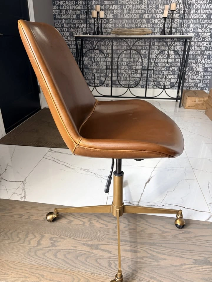 Mid-Century Office Chair - Cognac Leather, Gold Base, Swivel - photo 4