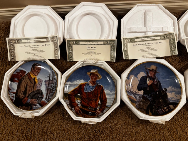 John Wayne Royal Mint Collector Plates & display shelf