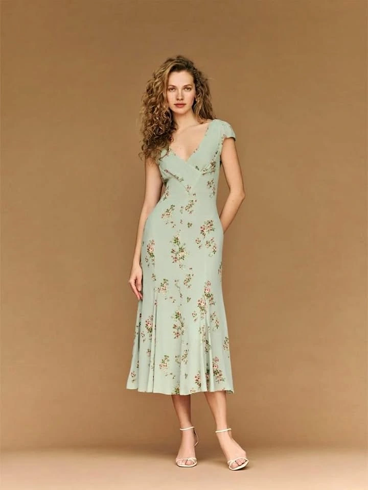 Reformation Baden Green Floral Midi Dress Women's Size 2