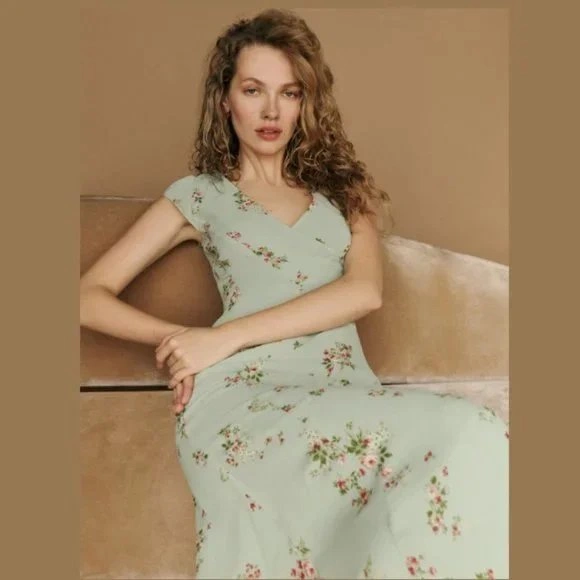 Reformation Baden Green Floral Midi Dress Women's Size 2 - photo 2