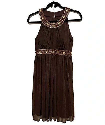 Brand New Cache Brown Embellished Chiffon Halter Dress - Size 6