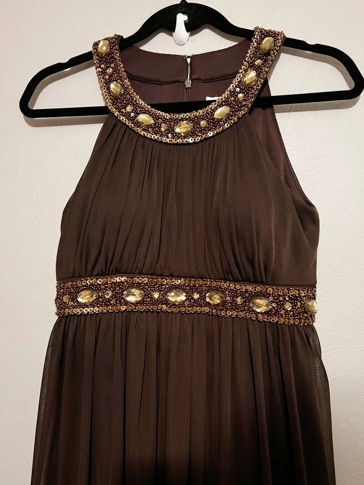 Brand New Cache Brown Embellished Chiffon Halter Dress - Size 6 - photo 3
