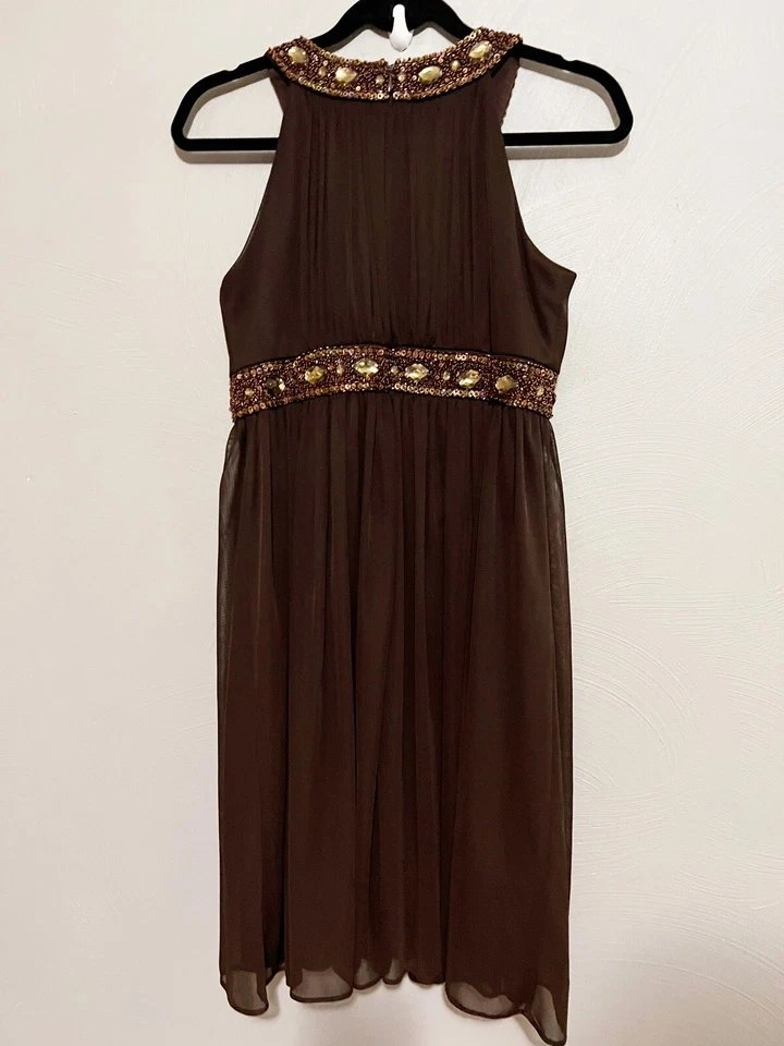 Brand New Cache Brown Embellished Chiffon Halter Dress - Size 6 - photo 4