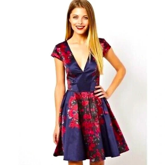 Brand New ASOS Floral Skater Dress Navy Blue & Red Size 4